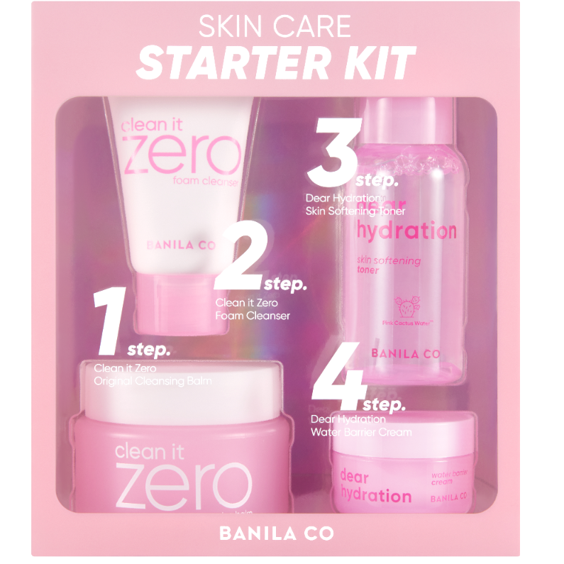 BANILA CO. Clean It Zero Starter Kit (Cleansing Balm Original 25ml, Foam Cleanser 8ml, Hydrating Skin Softening Toner 30ml, Hydrating Water Barrier Cream 10ml)